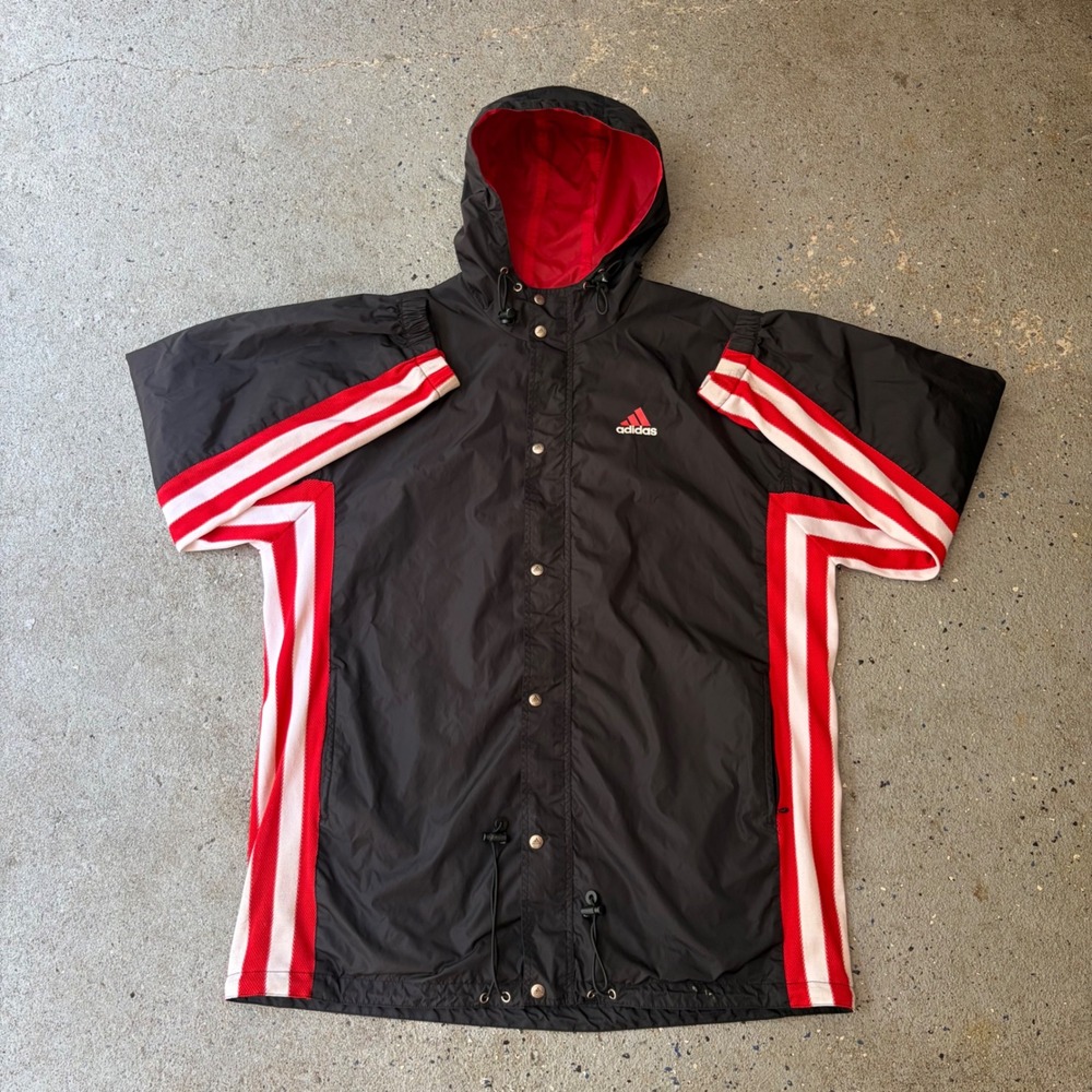 Vintage Adidas Windbreaker Jacket Black Red White Stripes Hooded Mens Large